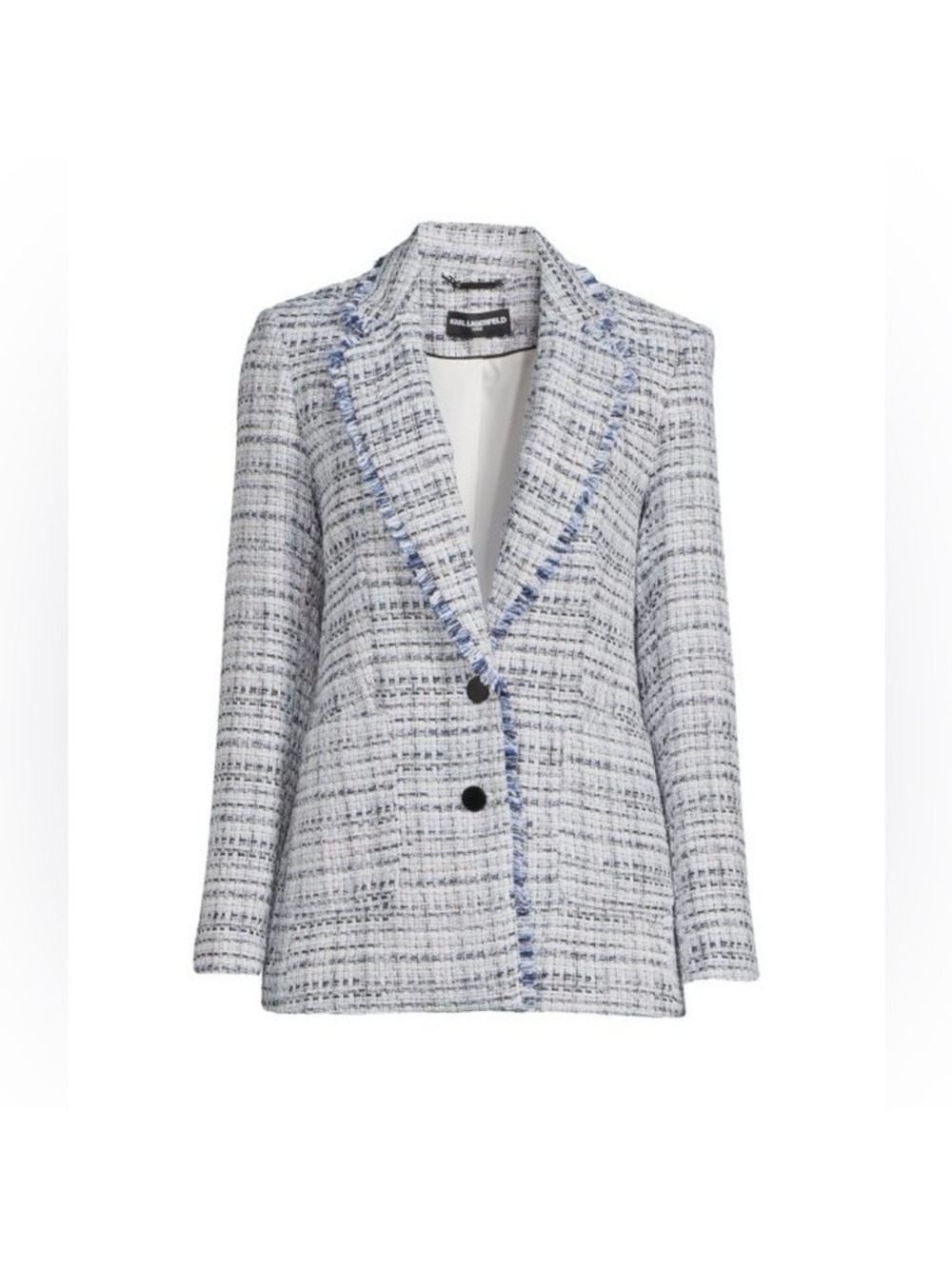 Karl Lagerfeld Paris Blue Tweed Fringe Blazer Jacket Size 4 - Picture 6 of 11